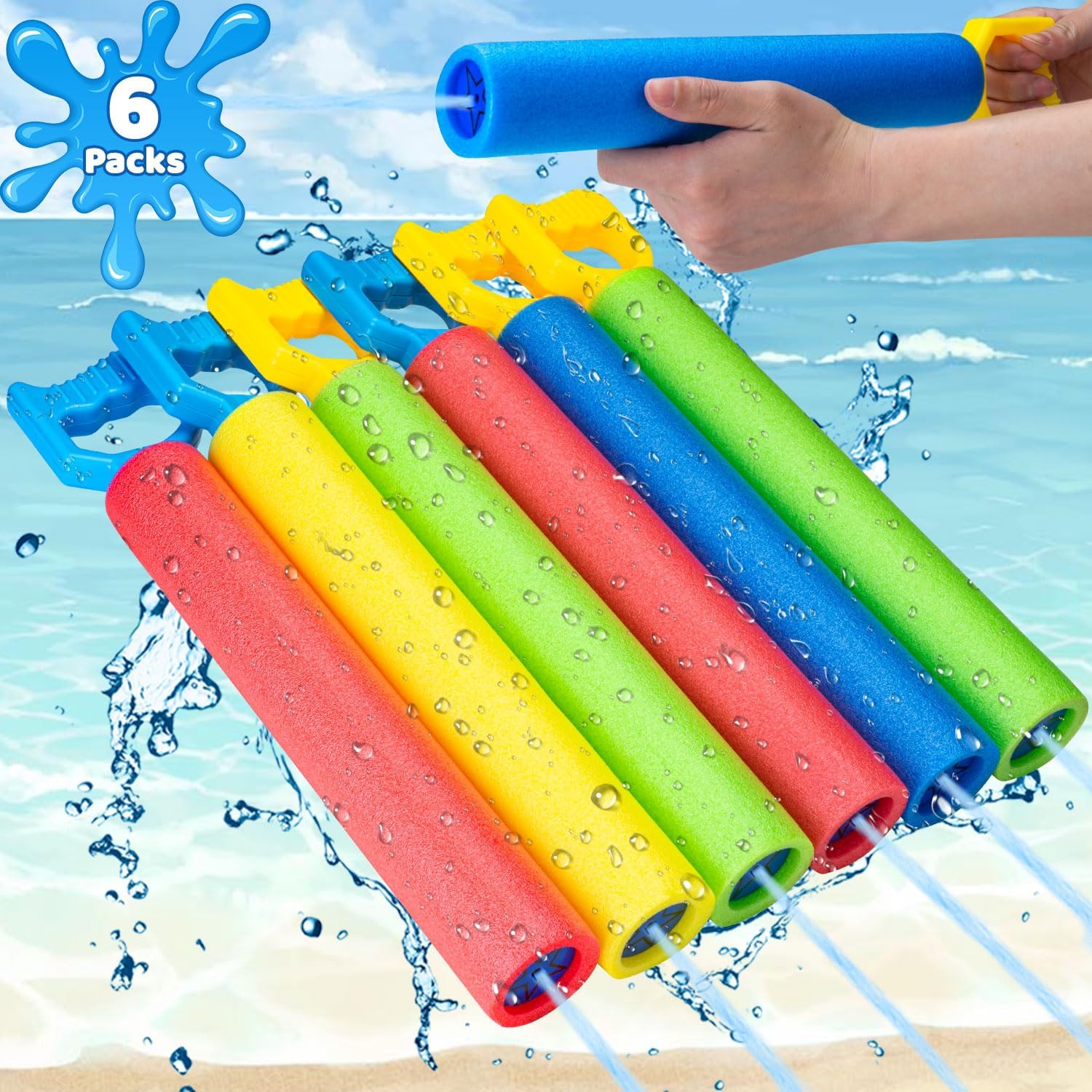 6Pack Water Watter Toys, Pool Foam Blaster Squirt Watter Toys, Noodle Design, Lightweight, 40ft Range, Summer Outdoor Swimming Pool, Backyard, Beach Water Game Fighting Play Toys for Kids Adults