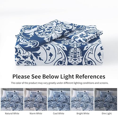 Miniatura 7 de PERHOM Funda de edredón azul King  Funda de edredón de damasco de cachemira tamaño King, juego de funda de edredón 100% algodón, 3 piezas ultra