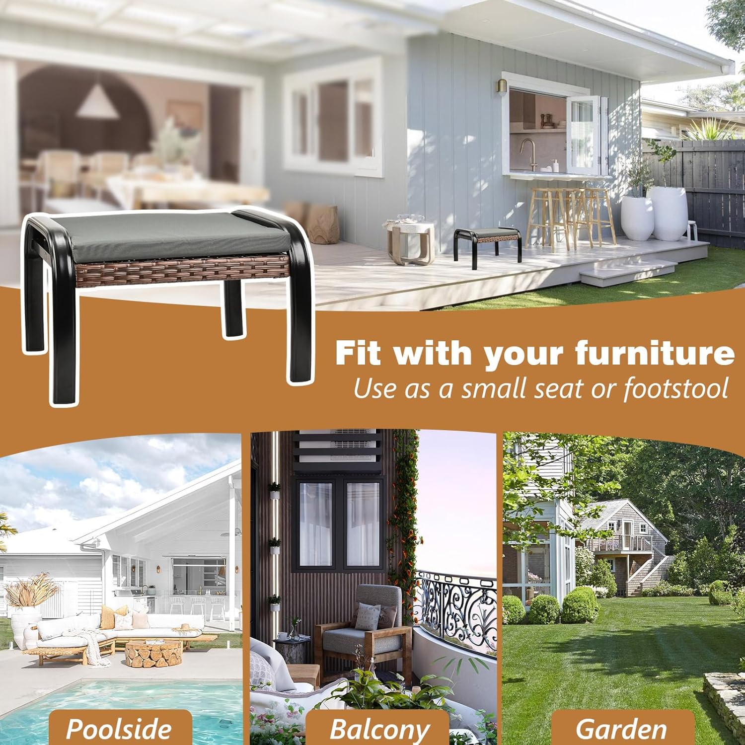 Patio Footstool Ottoman Outdoor Foot Rest with Aluminum Frame Rattan Furniture Foot Stools Seat with Soft Cushion for Garden Yark 1 Set Brown