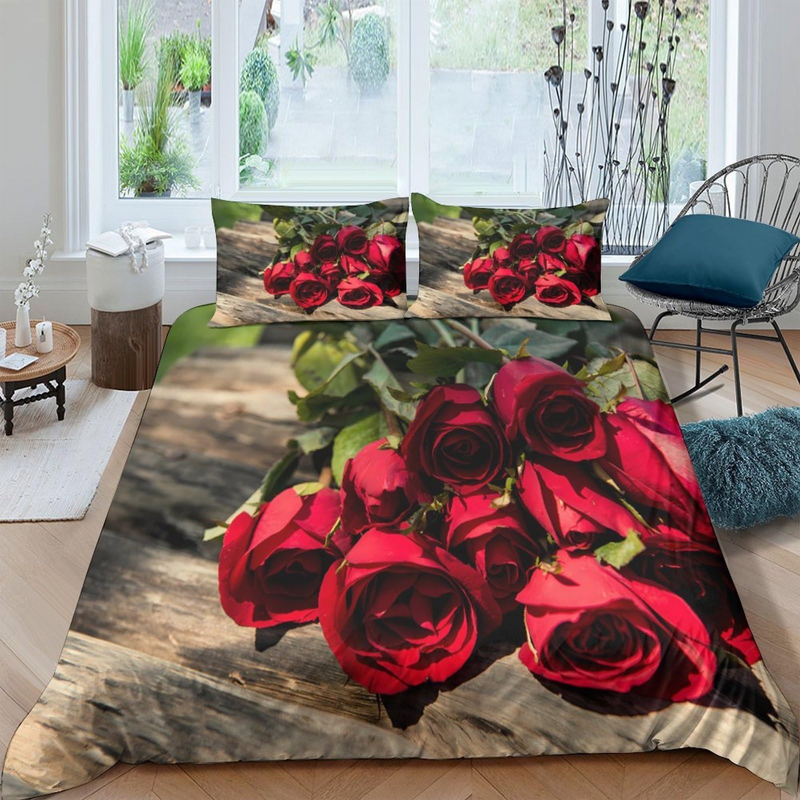 Ctjqhvkz Style-9 3D Printed Red Rose Fitted Sheet Microfiber Soft Decorative Bouquet Bed Cover For Bedroom Guest Room Mattress Protector Single（135X200cm）