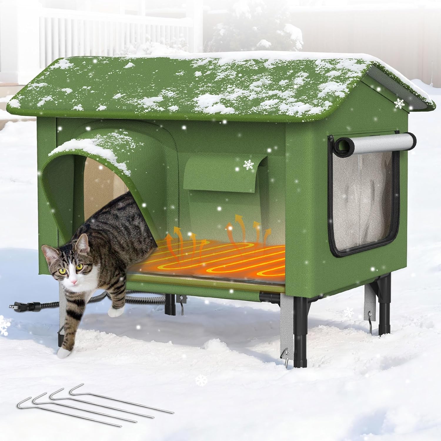 Heated Cat House for Outside - 24" Large Cat Houses for Outdoor Cats, Clawsable Outdoor Cat House Weatherproof, Warm Insulated Cat House with Elevated Base, Feral Cat Shelter with Escape Door
