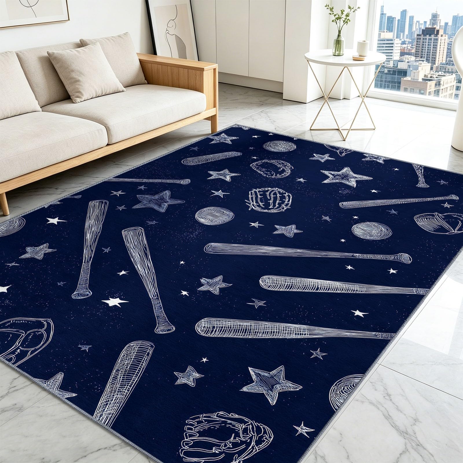 Sports Sketch - Alfombra antideslizante para sala de estar, 180 x 240 cm, alfombra de suelo lavable, diseño de estrella de béisbol