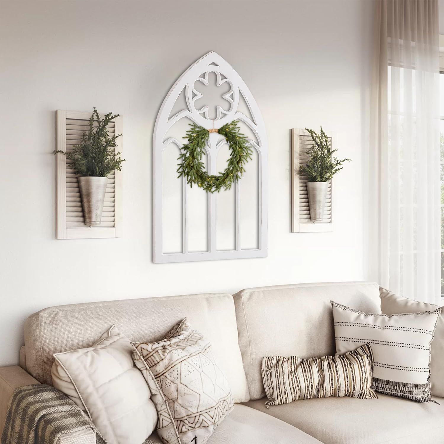 Sintosin Gothic Arched Window Frame Wall Decor Living Room 20 X 33 Inch, Hanging Distressed White Wooden Rustic Cathedral Window Frame, Farmhouse Home Decor for Halloween Entryway