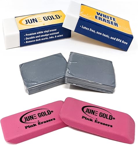 Miniatura 2 de June Gold Juego de 15 borradores artísticos, 3 vinilos blancos (firmes), 3 goma rosa (mediana), 3 amasados (suaves), 3 retráctiles (recisión) y 3