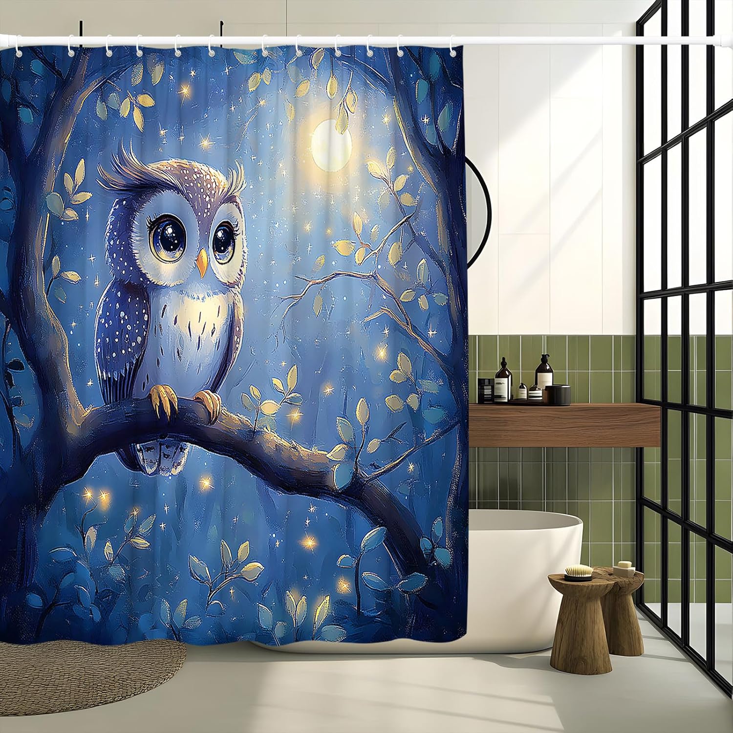 Owl Shower Curtain Full Moon Wild Animal Rustic Floral Forest Blue Fantasy Starry Night Sky Watercolor Wildlife Bird Scene Decorative Curtain with Polyester Fabric