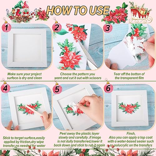 Miniatura 4 de BBTO 12 hojas de calcomanías navideñas para manualidades y muebles, calcomanías de transferencia de pájaros clásicos florales para muebles en casa,