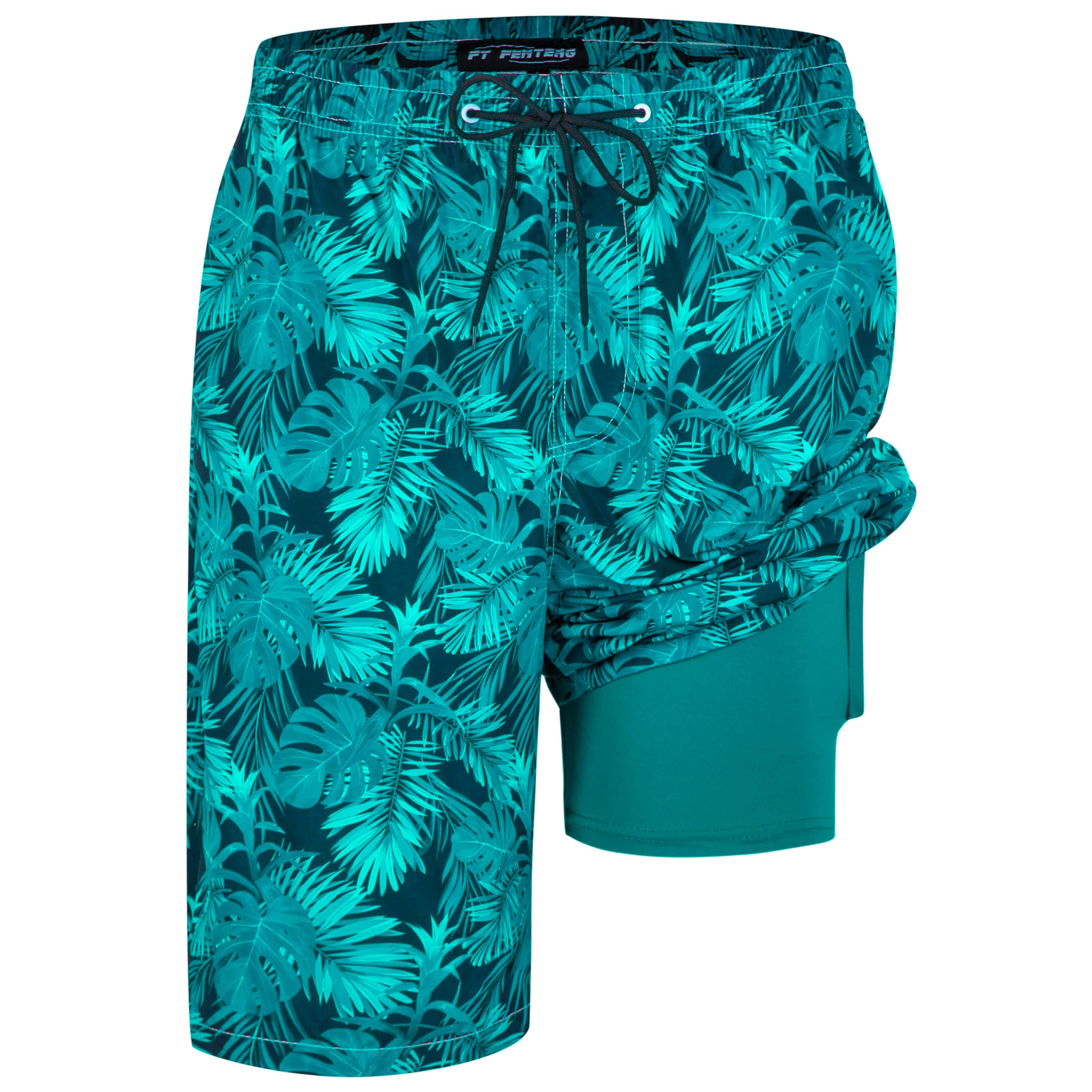 Mens Swim Trunks with Compression Liner 9" Board Shorts with Zipper Pockets