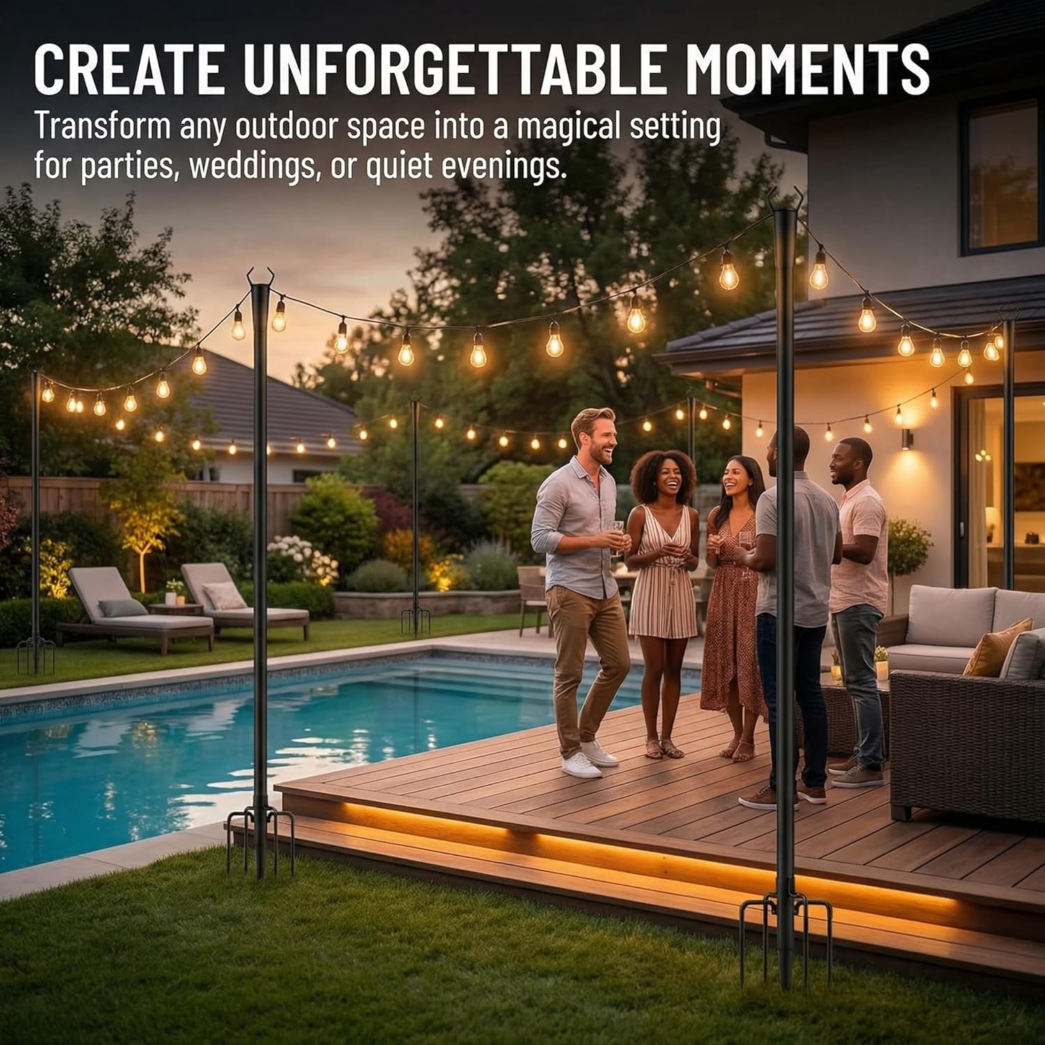 9FT Outdoor String Light Poles (6 Pack), Heavy Duty Adjustable String Light Pole, Waterproof Metal Pole for Outside Patio Garden Deck, Holds String Lights, Flags & Decorations (Black)