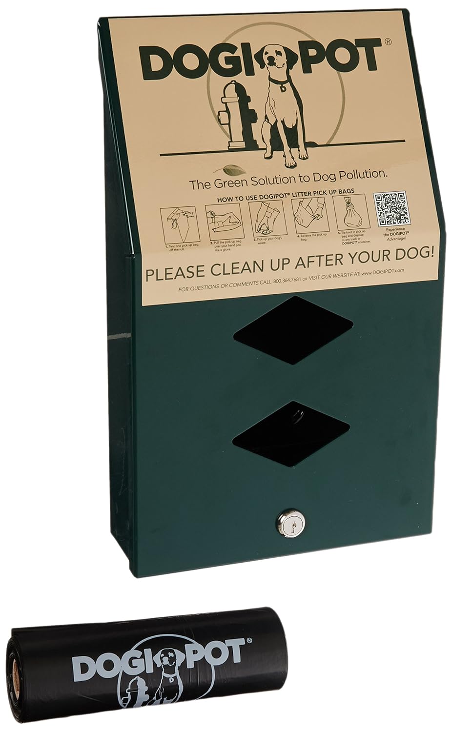 DOGIPOT 1002-2 Junior Bag Dispenser with Litter Bag Rolls, Aluminum, Forest Green
