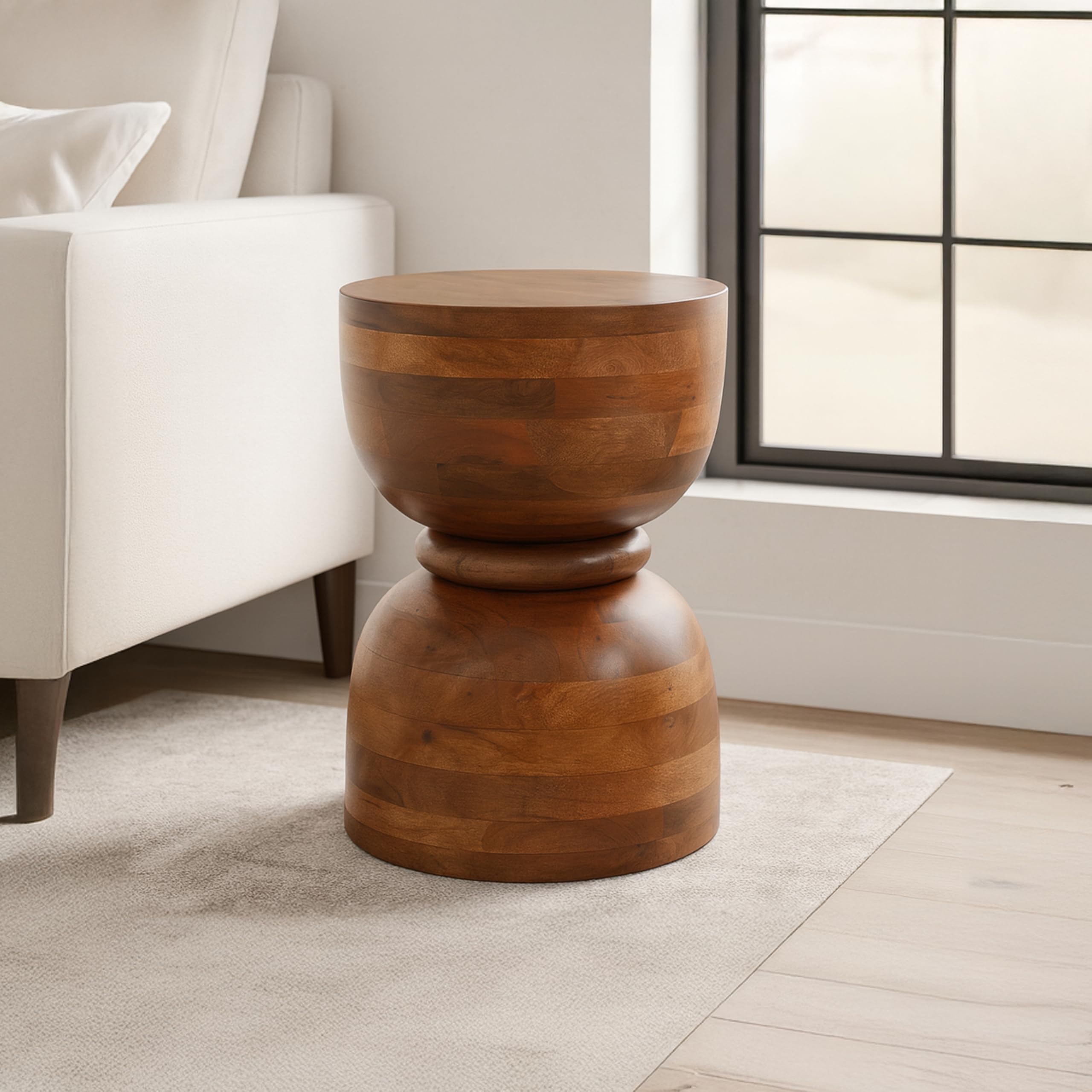 Brown Mango Wood Accent Table with Natural Wood Grain Finish – Unique Hourglass Round Side Table for Living Room, Bedroom, Office, & Home Decor – 13 x
