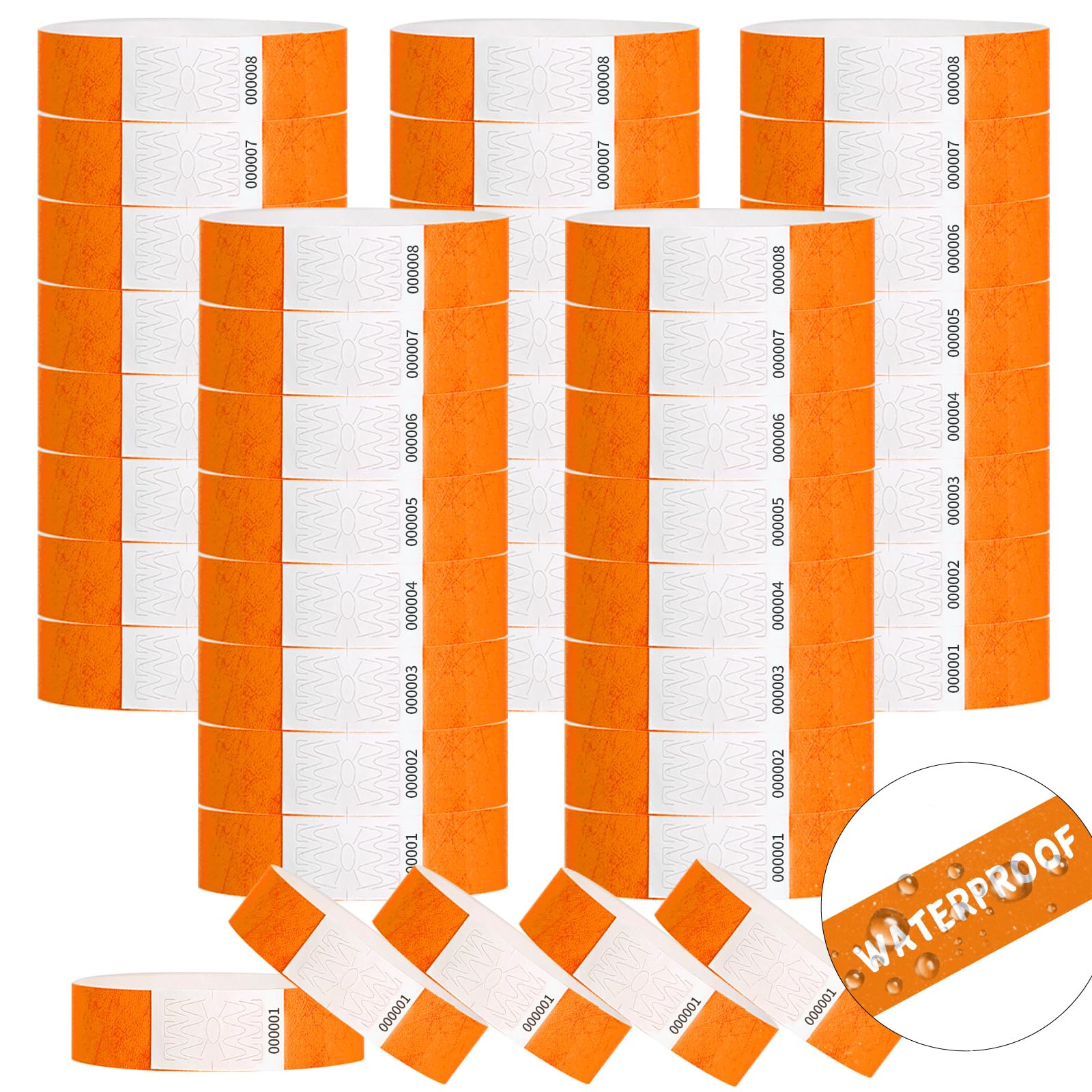 IDwrists Wristbands for Events - 1100pcs Waterproof Neon Wrist Bands for Events Concert, Festival Admission, Party (Orange)