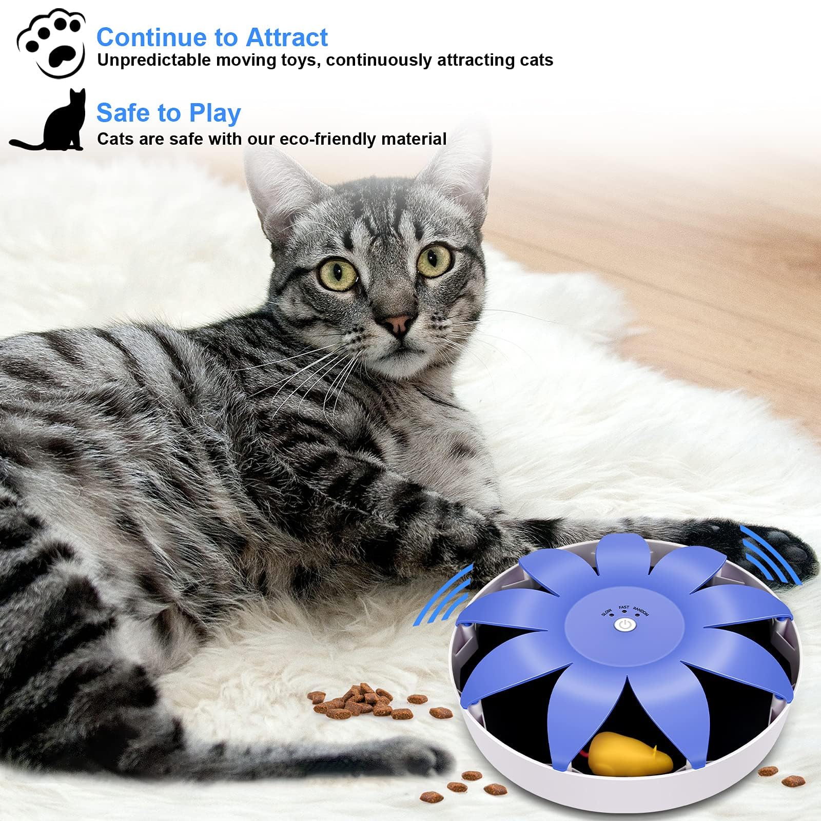 FluffyDream Giocattolo elettrico automatico per gatti, rotante, magnetico, interattivo, con mouse emulazionale, code soffici, giocattoli per gatti da interni, animali domestici, 24,5 x 24,5 x 6 cm