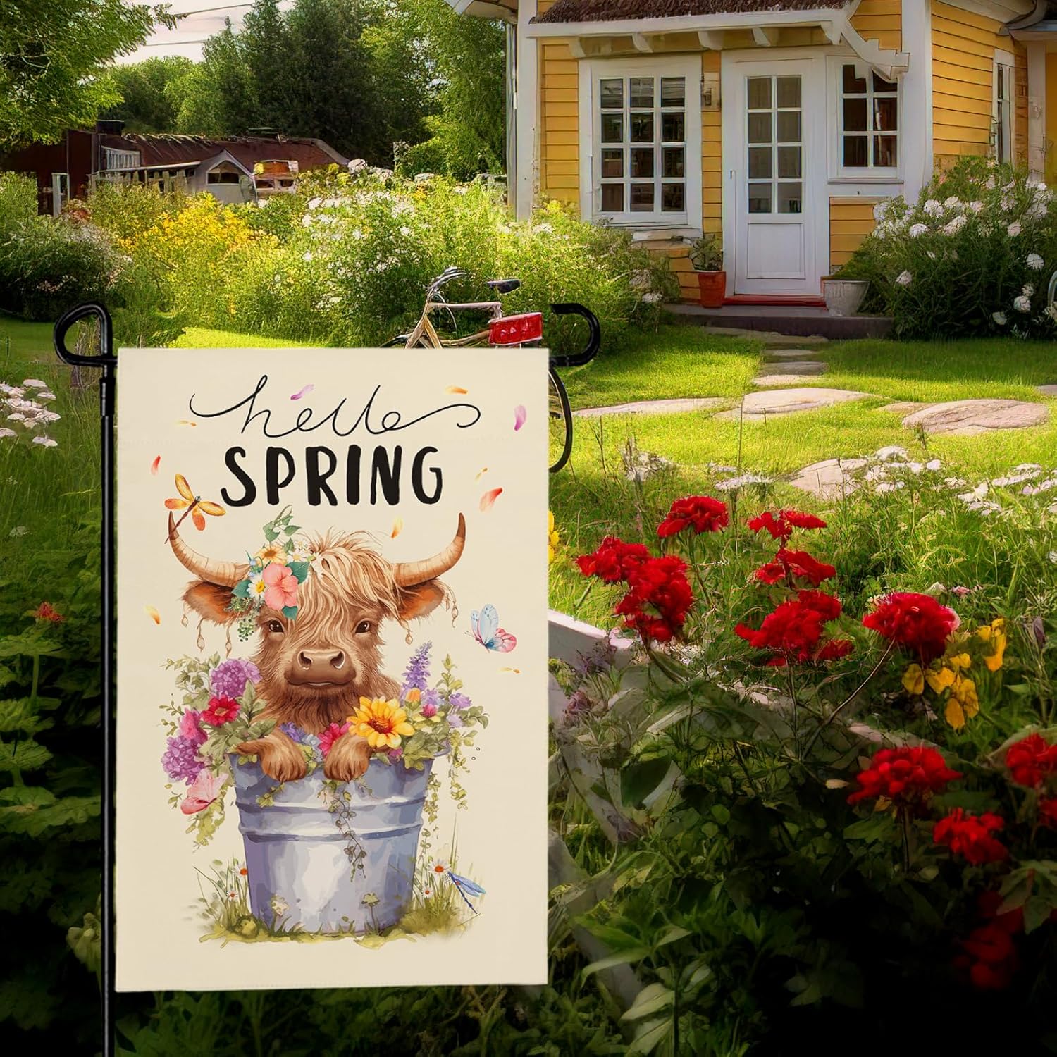 Hello Spring Garden Flag Highland Cow Polyester Yard Flag Double Sided Vertical 12x18 Inch Farmhouse Butterfly Floral Garden Flags Rustic Daisy House Banner for Seasonal Outdoor Decoration - Image 5