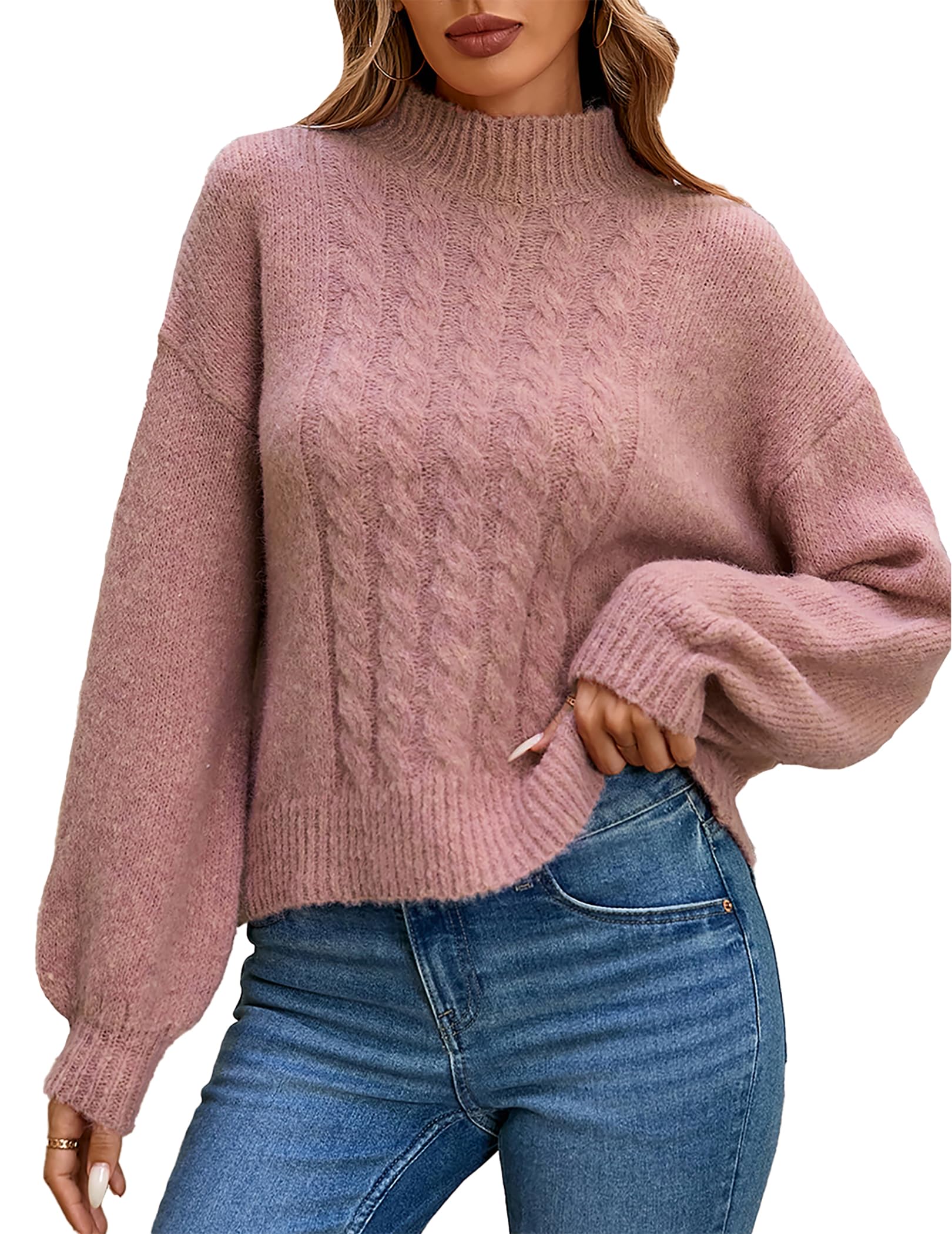 Womens Fall Ladies Dressy Lightweight Cable Knit Mock Neck Long Sleeve Pullover Sweater 2024