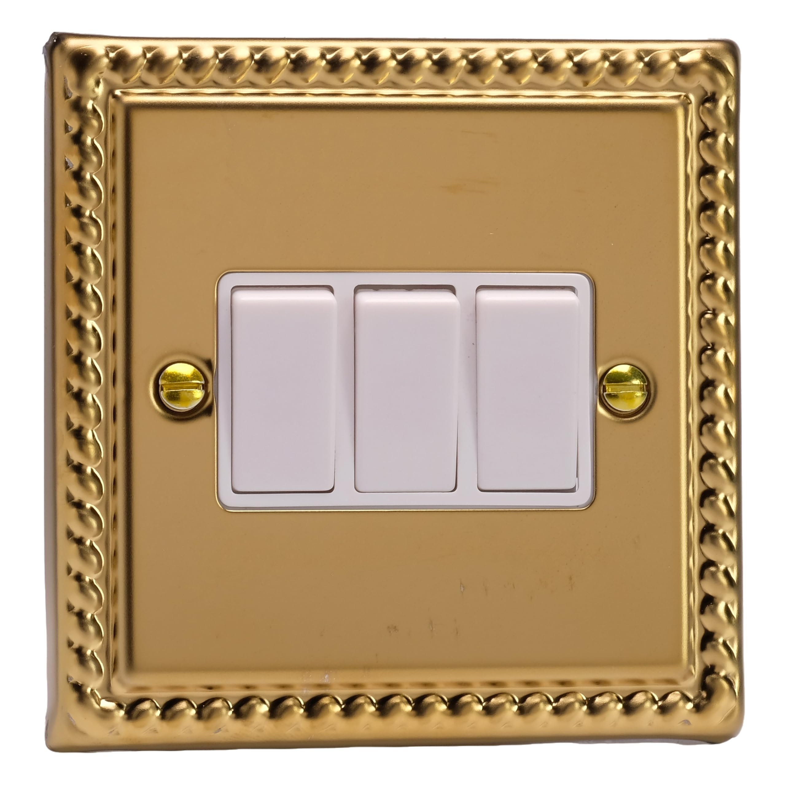 Varilight Triple Rocker Light Switch 2-Way - Classic Georgian Brass With White Rockers, XG3W, 95x95x25mm