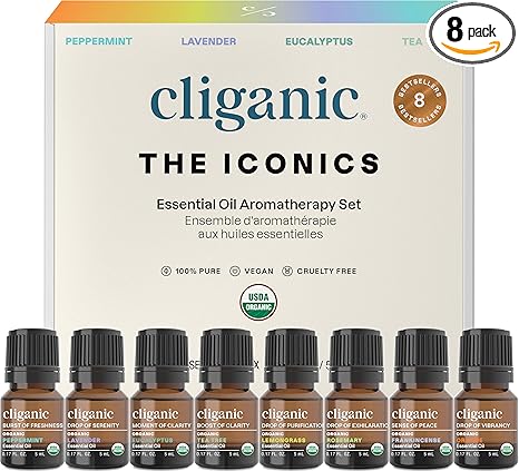 Cliganic Organic Aromatherapy Essential Oils Gift Set (Top 8 - The Iconics), 100% Pure - Peppermint, Lavender, Eucalyptus, Tea Tree, Lemongrass, Rosemary, Frankincense & Orange (Packaging May Vary)