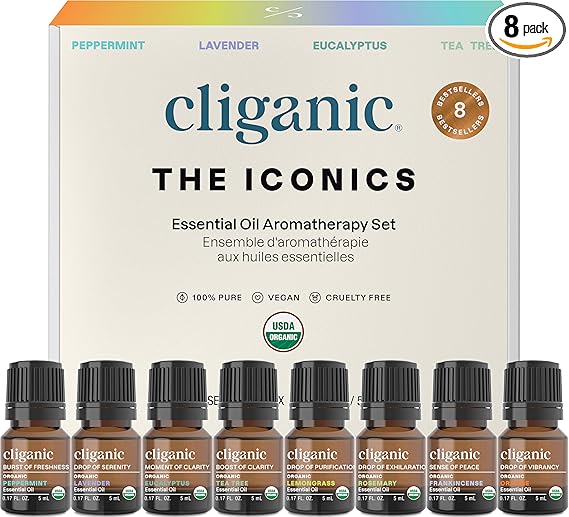 Cliganic Organic Aromatherapy Essential Oils Gift Set (Top 8 - The Iconics), 100% Pure - Peppermint, Lavender, Eucalyptus, Tea Tree, Lemongrass, Rosemary, Frankincense & Orange (Packaging May Vary)