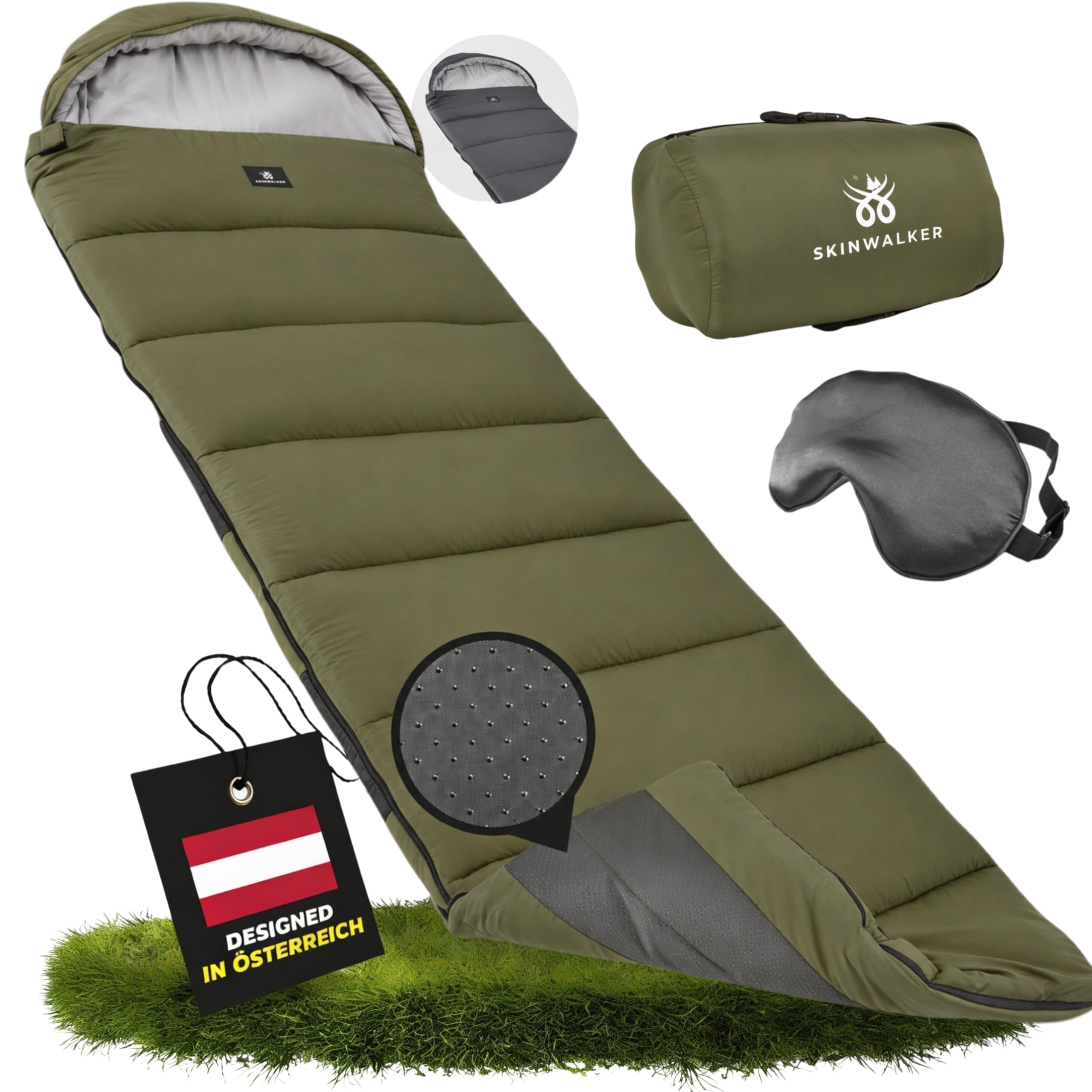 SkinWalker Schlafsack Erwachsene mit Anti-Rutsch Streifen, kleines Packmaß & Ultraleicht 1500g, 3 Jahreszeiten Deckenschlafsack, Schlafsäcke für Camping, Outdoor & Festivals
