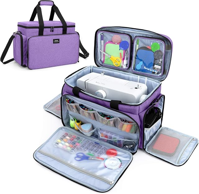 CURMIO Sewing Machine Bag for Most Standard Sewing Machine, Universal Sewing Machine Carrying Case with 2 Removable Zipper Pouches for Sewing Supplies, Purple (Patent Design)