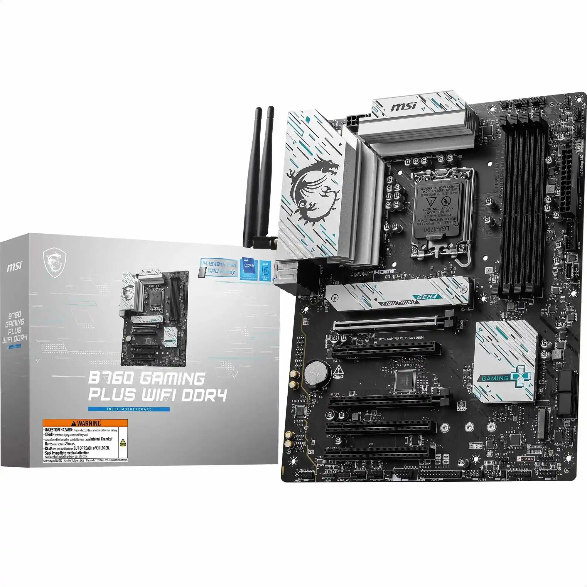 MSI B760 Gaming Plus WiFi DDR4 Mainboard, ATX - Unterstützt Intel Core Prozessoren der 14., 13. und 12. Generation, LGA 1700 - DDR4 5333+MHz/OC, 1x PCIe 4.0 x16, 2 x M.2 Gen4, 2,5G LAN, WIFI6E