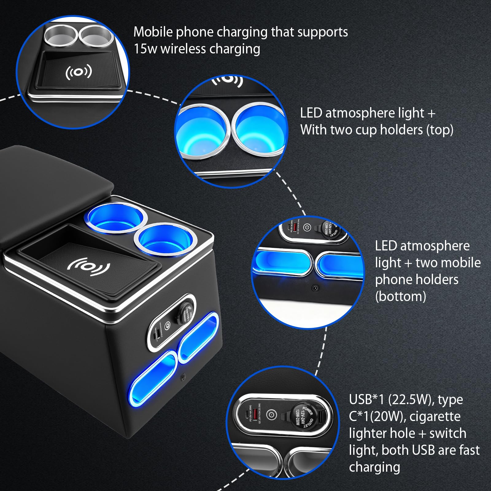 Mittelkonsole mit Ablagen Staufach, Universal Fit Armlehnen Box | Mittelkonsole Auto mit Kabellosem Induktivem Laden, USB und LED-Licht Zubehör, Für Die Meisten Limousinen SUV Pick-up-Truck