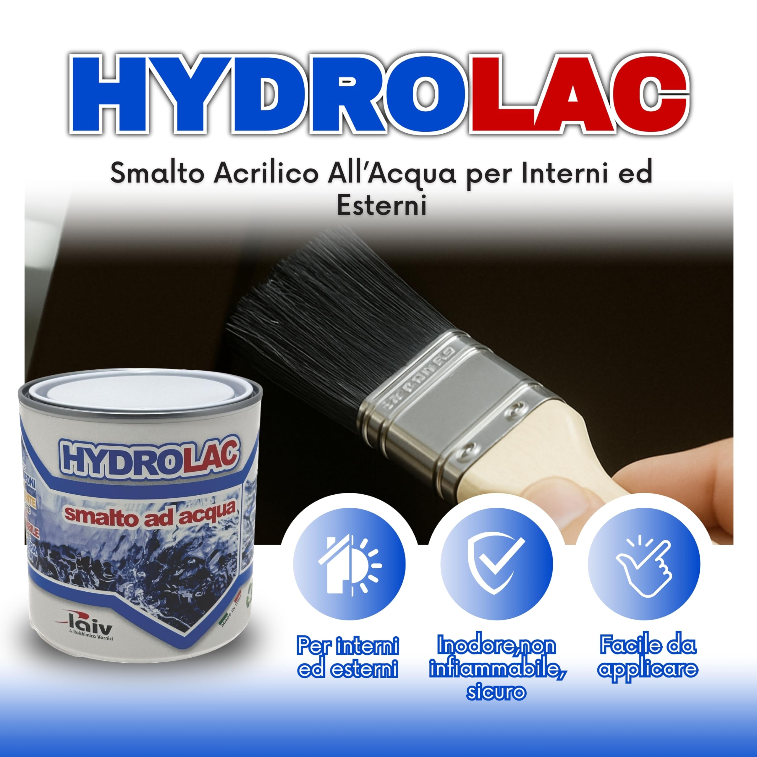 laiv Smalto Acrilico all'Acqua per Interni ed Esterni – 2,5 LITRI - Inodore, Rapida Essiccazione, Non Infiammabile – Uso Professionale Ecologico - Hydrolac - Nero Satinato