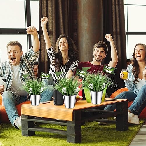 Miniatura 4 de Juego de 6 centros de mesa de golf para mesa, incluye 6 cubos de hierro, 12 minigolf, 60 césped artificial, 12 banderas, 2 calcomanías para