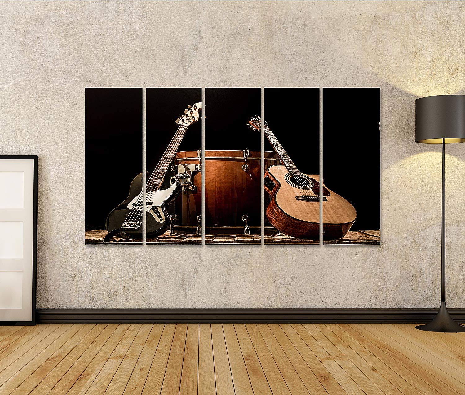 islandburner Quadro su tela Strumenti musicali Bass Drum Barrel Chitarra acustica Basso Nero Sfondo Concetto di musica Stampe Arte Poster Murale
