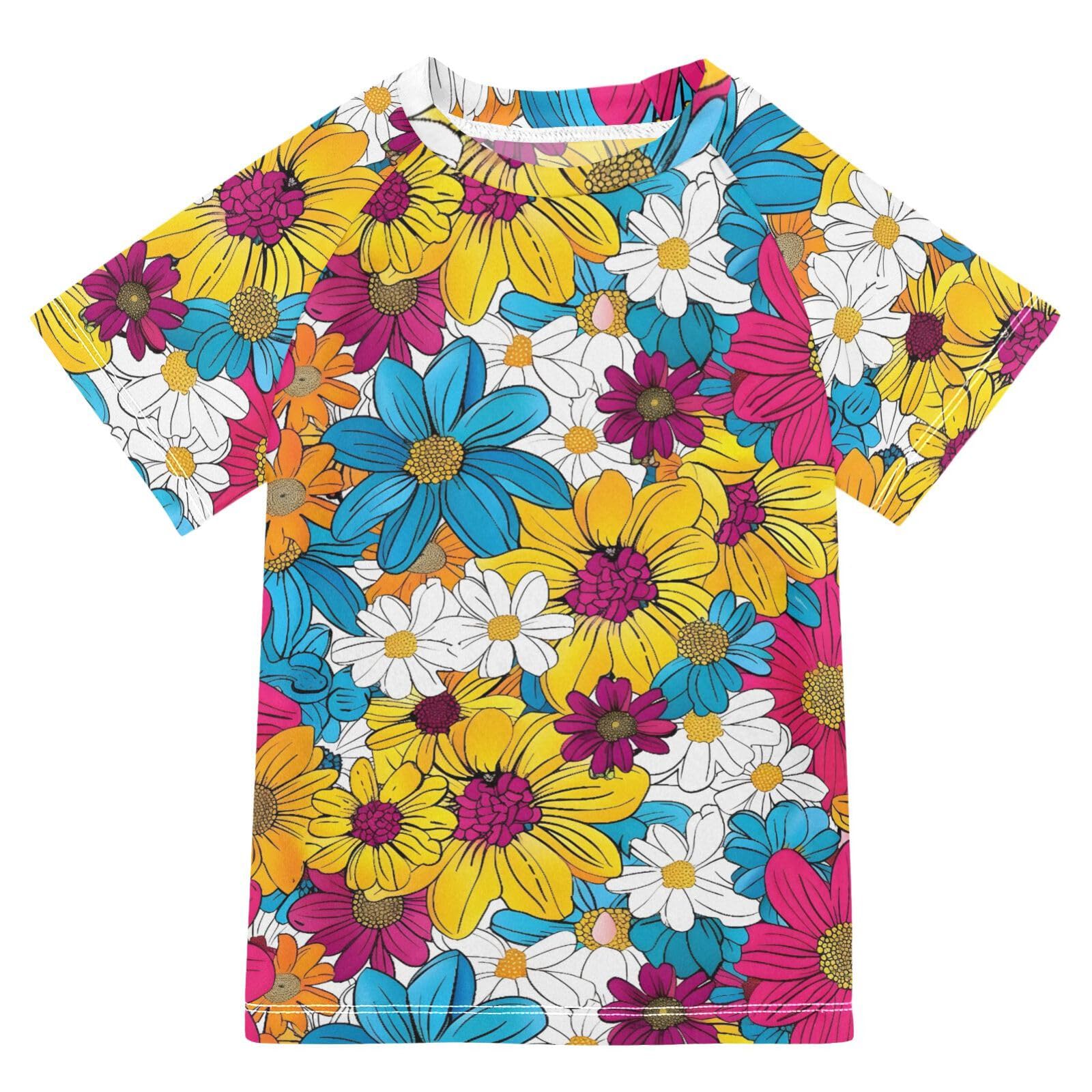 ALAZA Kids Rash Guard Boys Toddler Swim Shirts Short Sleeve Colored Floral Print UPF 50+ 3T
