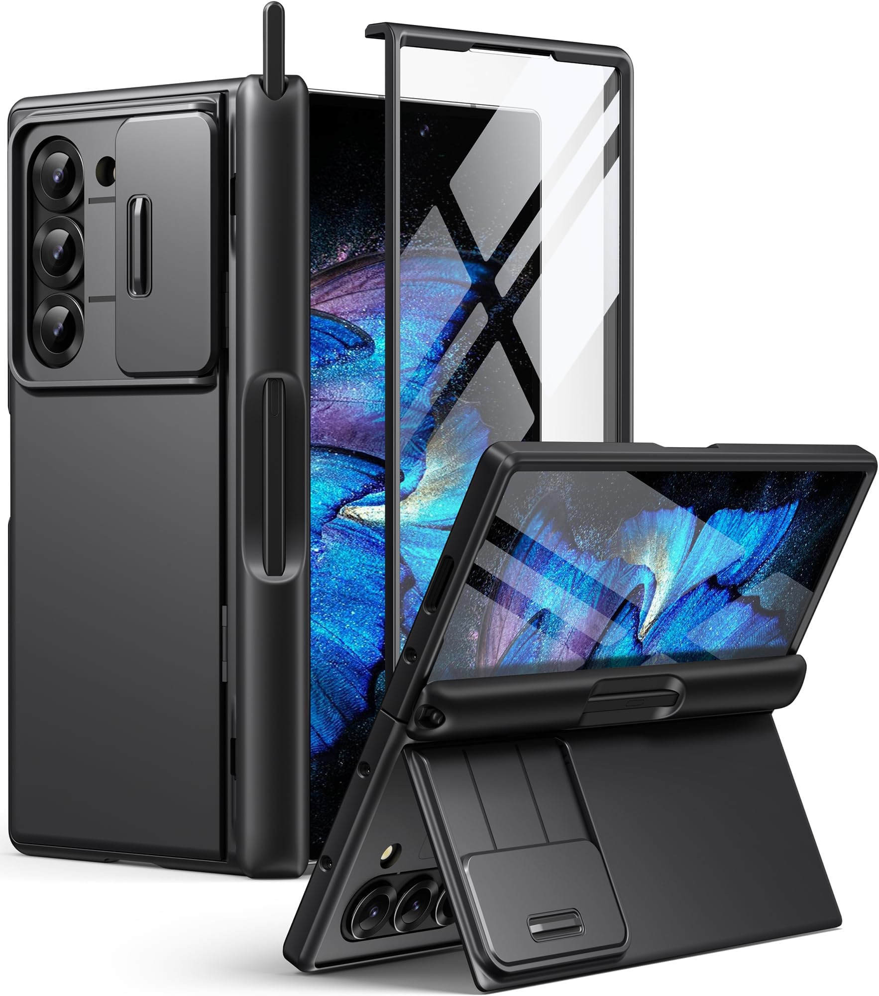 BERFY for Z Fold 6 Case with 9H Tempered Screen Protector, Built-in S Pen Holder, Slide Camera Cover, Hidden Kickstand, Full Body Shockproof Slim Phone Case for Samsung Galaxy Z Fold 6, Black