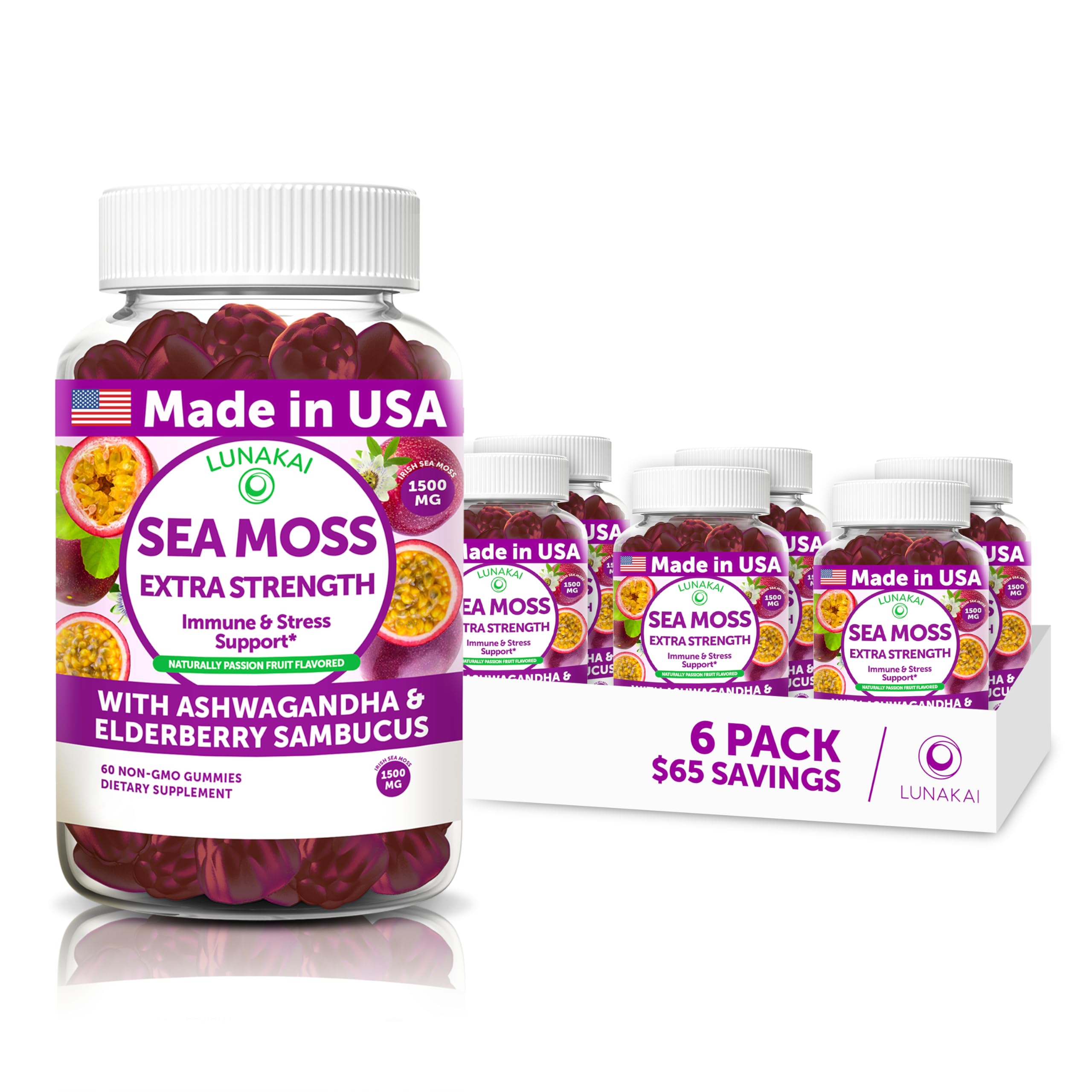 Lunakai USA Made Irish Sea Moss Gummies with Ashwagandha & Elderberry – Delicious Immune & Stress Support Supplement for Men & Women - 6 Pack