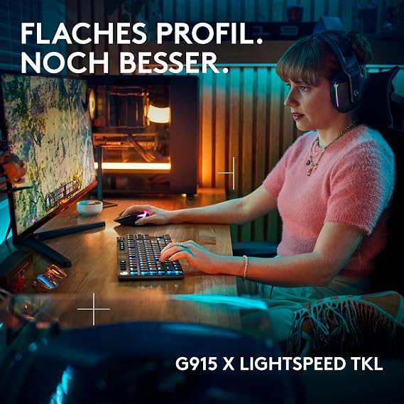 Logitech G G915 X LIGHTSPEED TKL Wireless Flat Gaming Keyboard Double Shot PBT Keycaps RGB Backlight Red Linear GL Switches for PC/Mac DEU QWERTZ - Black