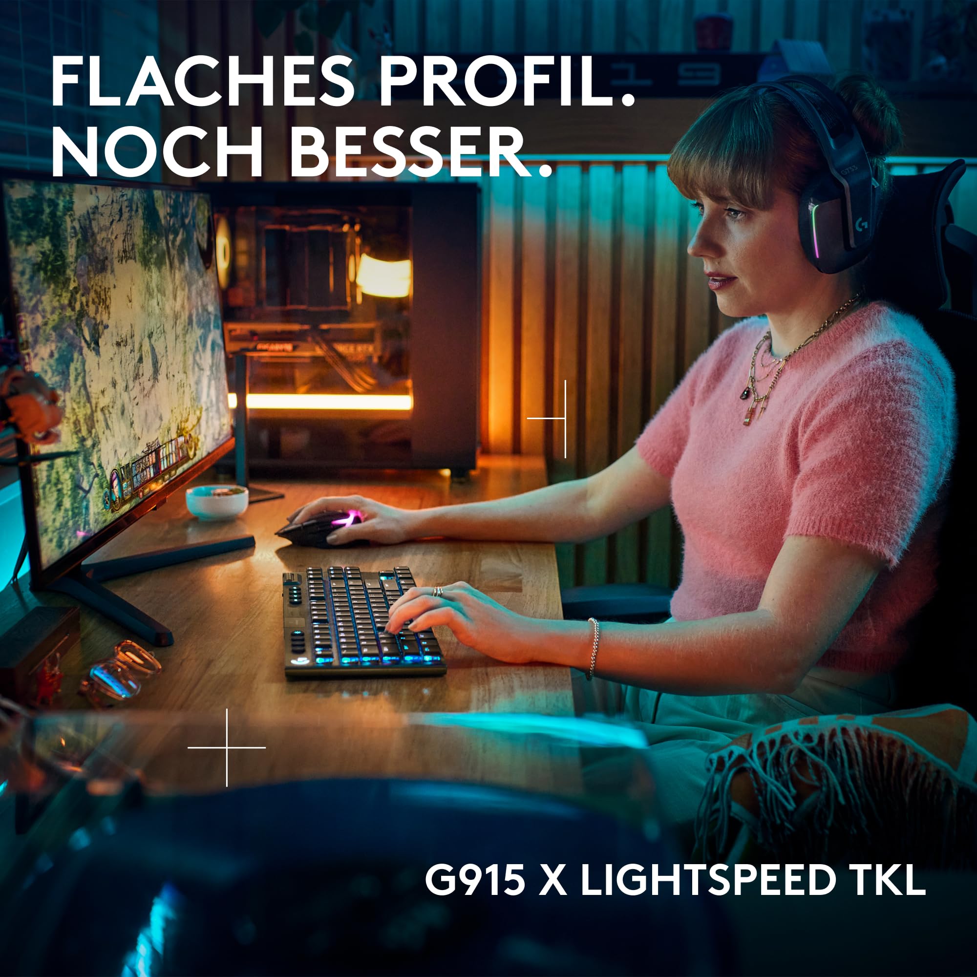 Logitech G G915 X Lightspeed TKL - Flache kabellose Gaming-Tastatur mit Double-Shot-PBT-Tastenkappen, RGB-Hintergrundbeleuchtung, braunen taktilen GL-Switches für PC/Mac, DEU QWERTZ-Layout - Schwarz