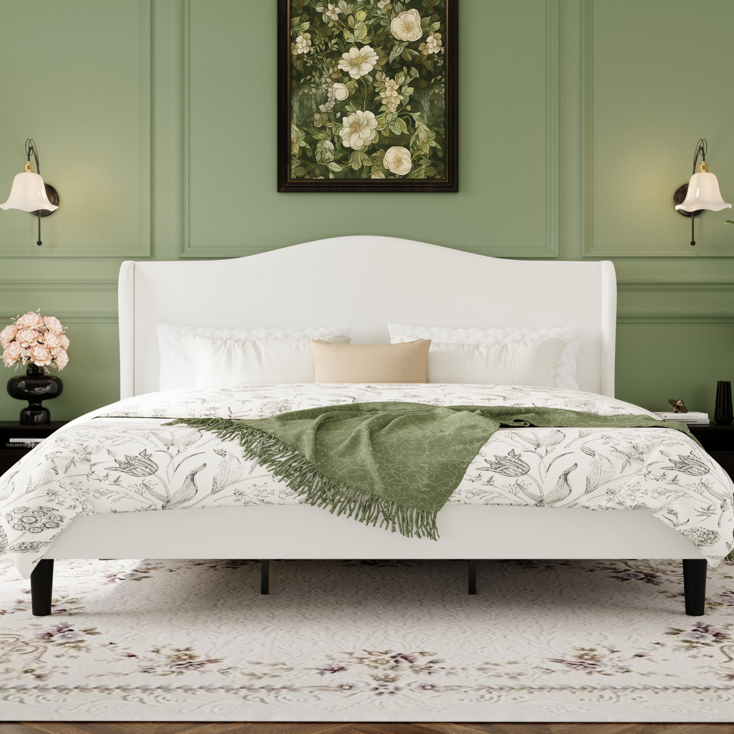 SHA CERLIN King Size Velvet Platform Bed Frame with Elegant Wingback Headboard, Modern & Luxurious Design, Sturdy Wooden Slats, No Box Spring Required