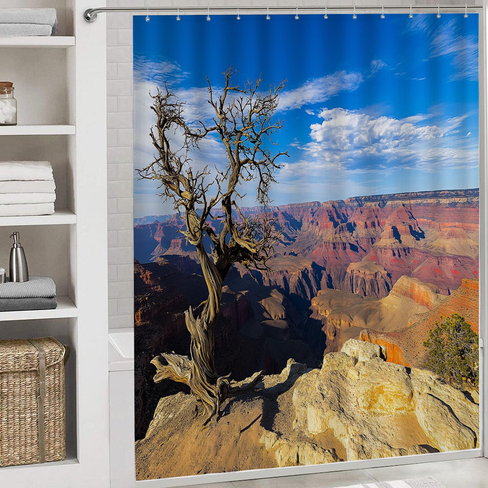Cortina de Ducha Naturaleza Cañón240x200cm,Roca Lavables Cortina de Baño,Poliéster Textil Impermeable Cortina Ducha para Bañera con 12 Ganchos