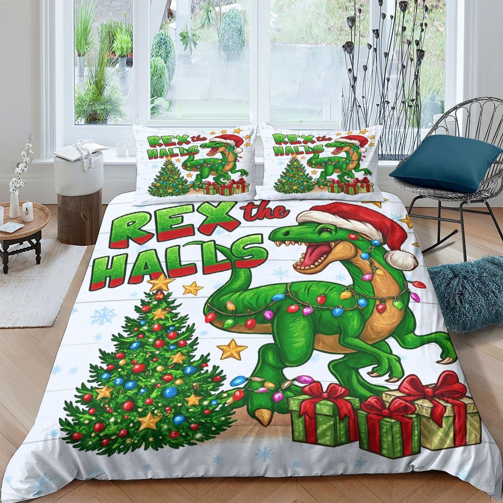Ctjqhvkz Style-5 3D Printed Christmas Dinosaur Fitted Sheet Microfiber Festive Tree Bed Cover Non Slip For Bedroom Dorm Decor Single（135X200cm）