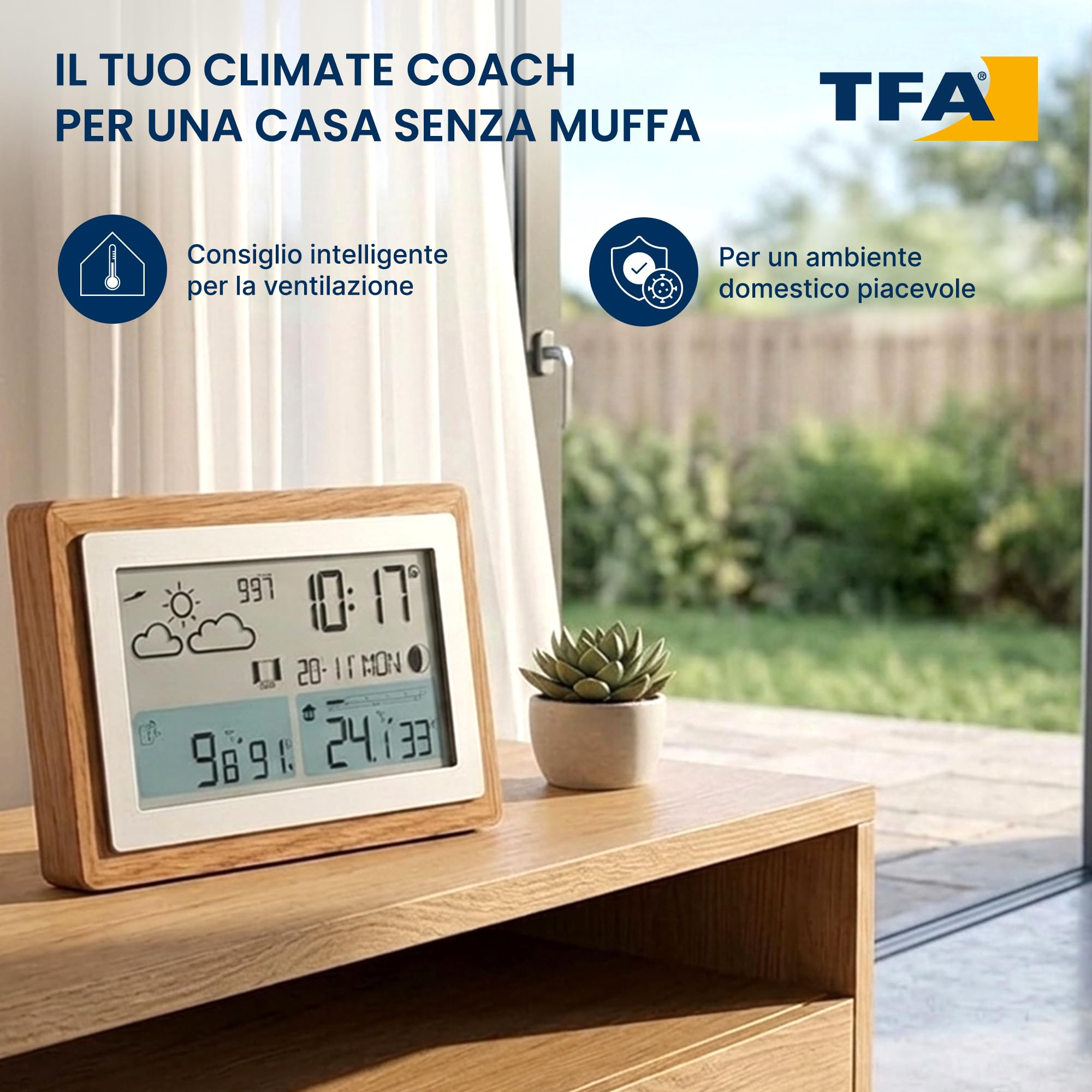TFA Dostmann Stazione meteo con sensore esterno OAK, 35.1167.54, radio, previsioni meteo, con telaio in legno, temperatura interna ed esterna, con suggerimento di aerazione, dimmerabile, marrone