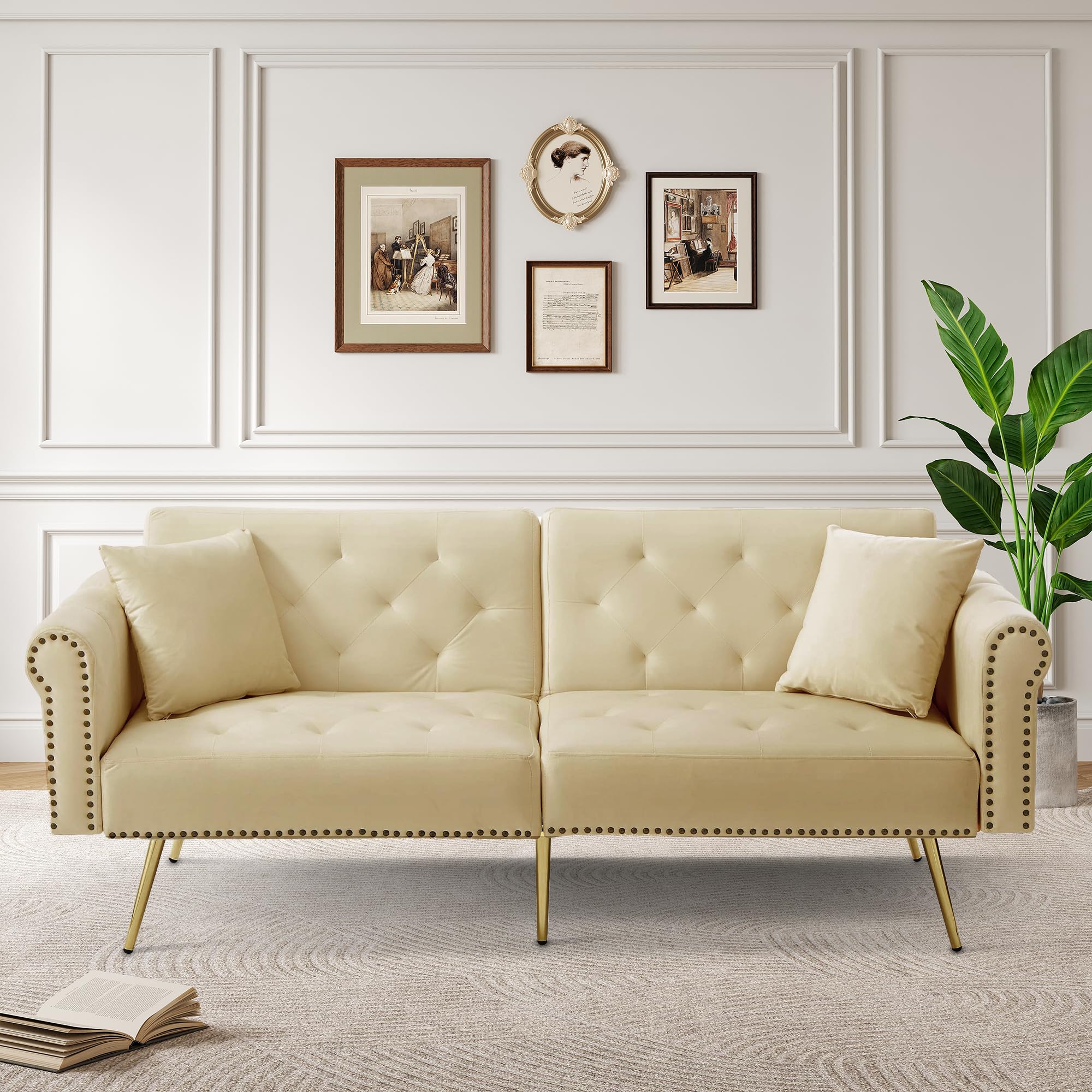 Merax Sofa Bed 2 Seater, 3-Gear Back Angle Adjustable Foldable Futon Sofa Couch, Convertible Sofabed Settee with 2 Bolster Pillows, Curved Rounded Armrests, 177 * 74 * 71cm, Beige/Velvet — image 1