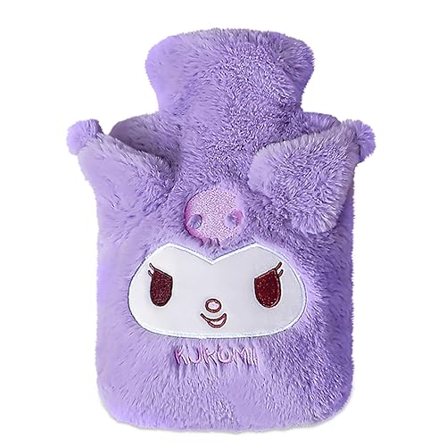 Roffatide Cartoon Kuromi 1L Hot Water Bottle Hand Foot Warmer Hot Water Bag and Cold Compress with Cute Anime Character Plush Cover Pain Relief with Cute Faux Fur Cover - Kuromi