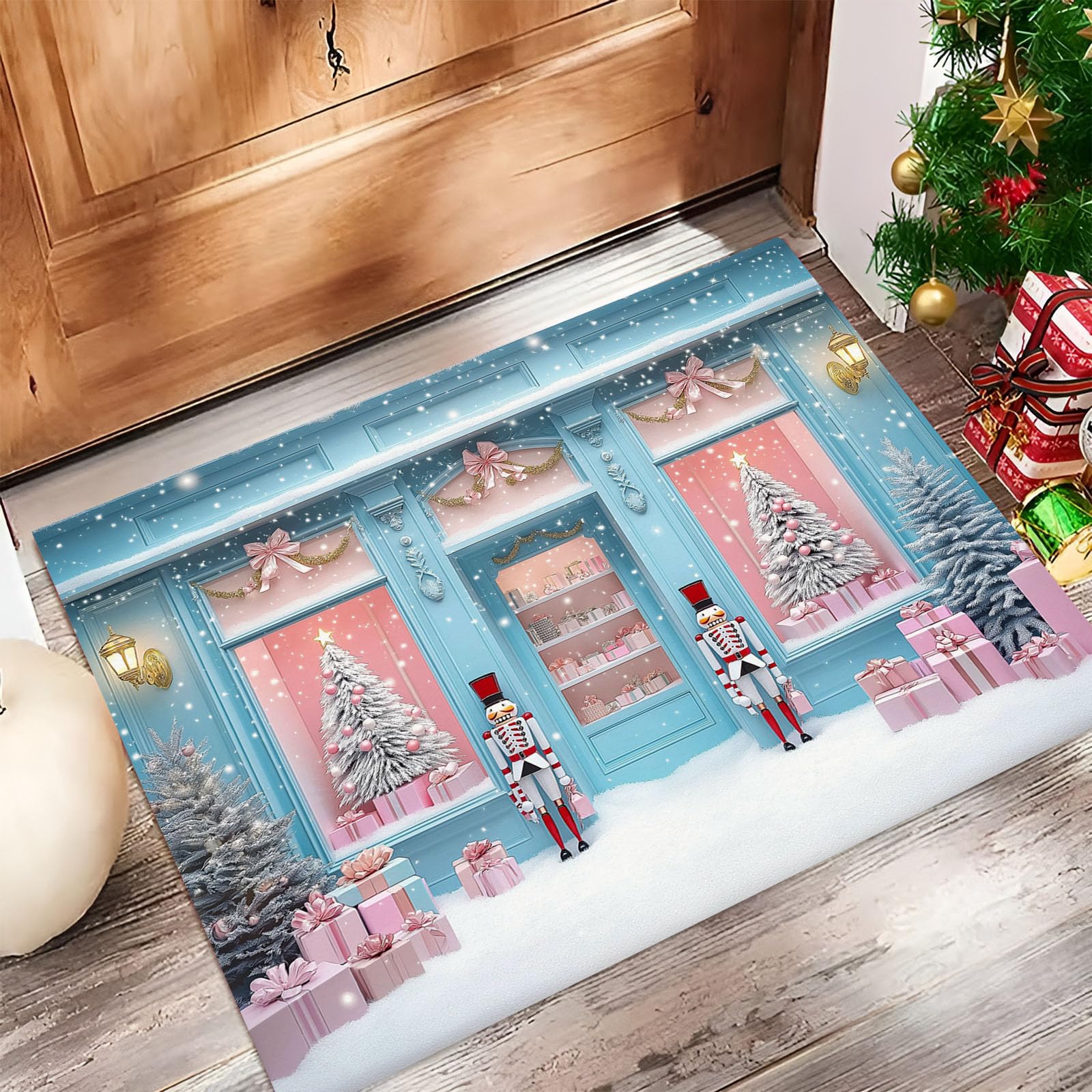 Felpudo de Navidad de 45x75 cm azul claro con cajas de regalo