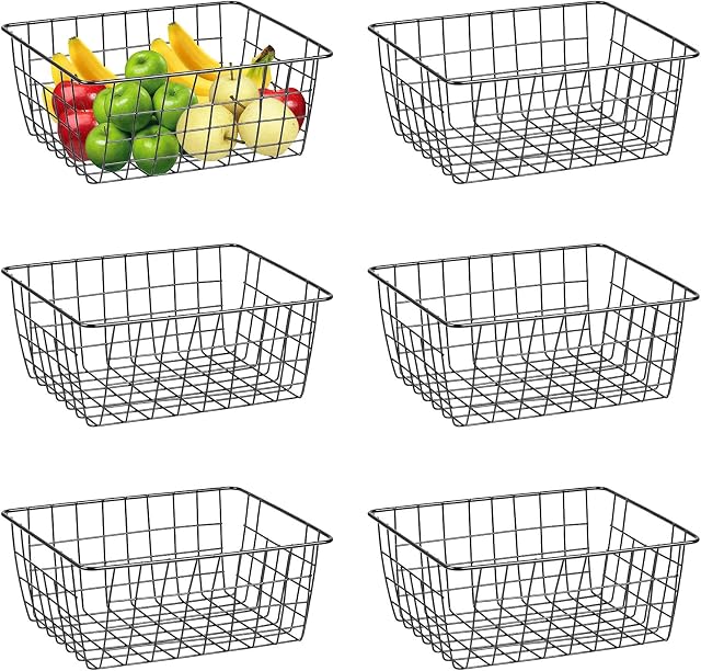 Wire Baskets, 6 Pack 11.02"× 8.7" × 4.7" Durable Small Black Metal Wire Storage Basket, Multipurpose Freezer Storage Organizer Baskets for Bathroom, Pantry, Freezers, Kitchen Cabinet, Closets, Shelf