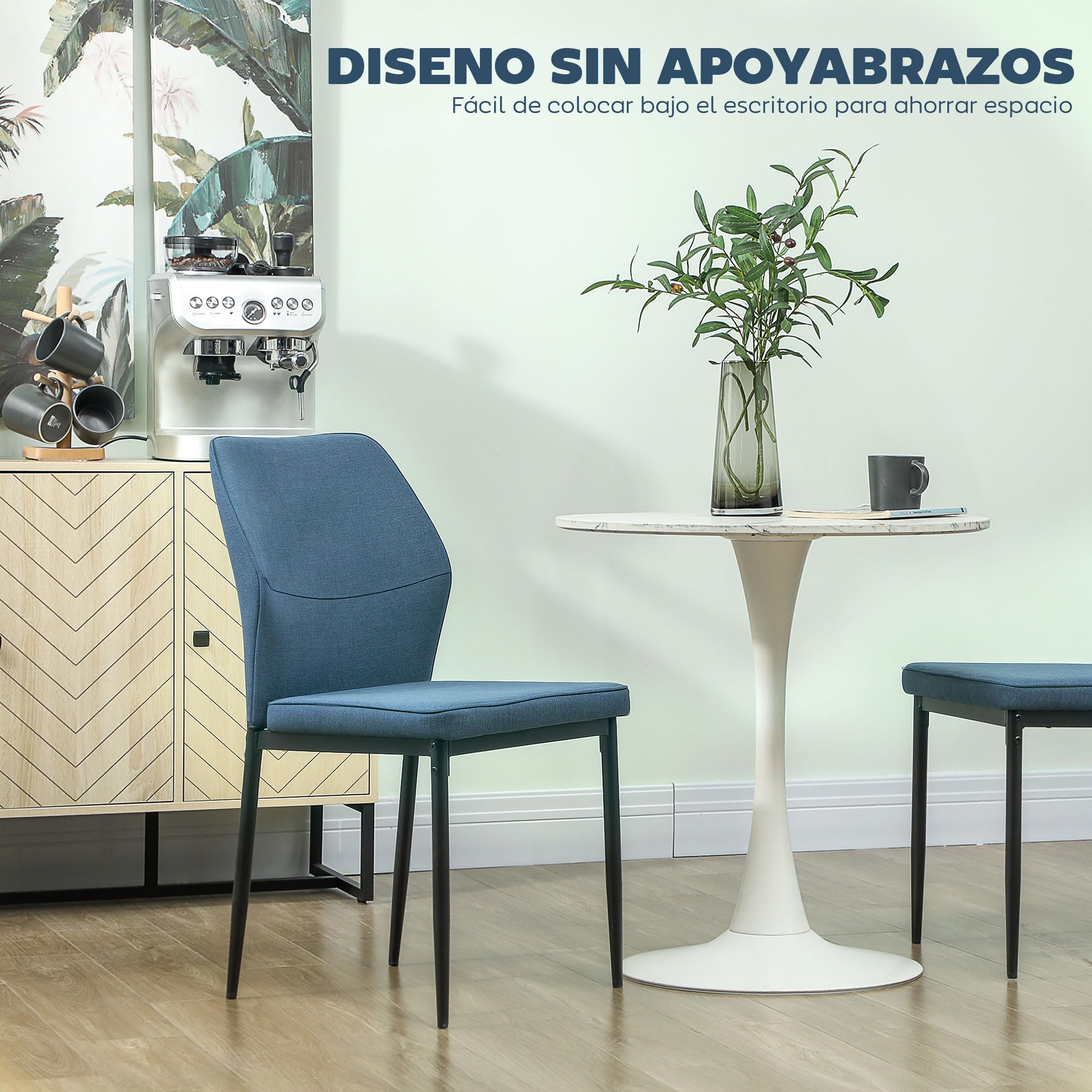 HOMCOM Juego de 2 Sillas de Comedor Modernas Sillas de Cocina con Asiento Acolchado y Tapizado Respaldo Curvo Patas de Acero para Salón Dormitorio Azul