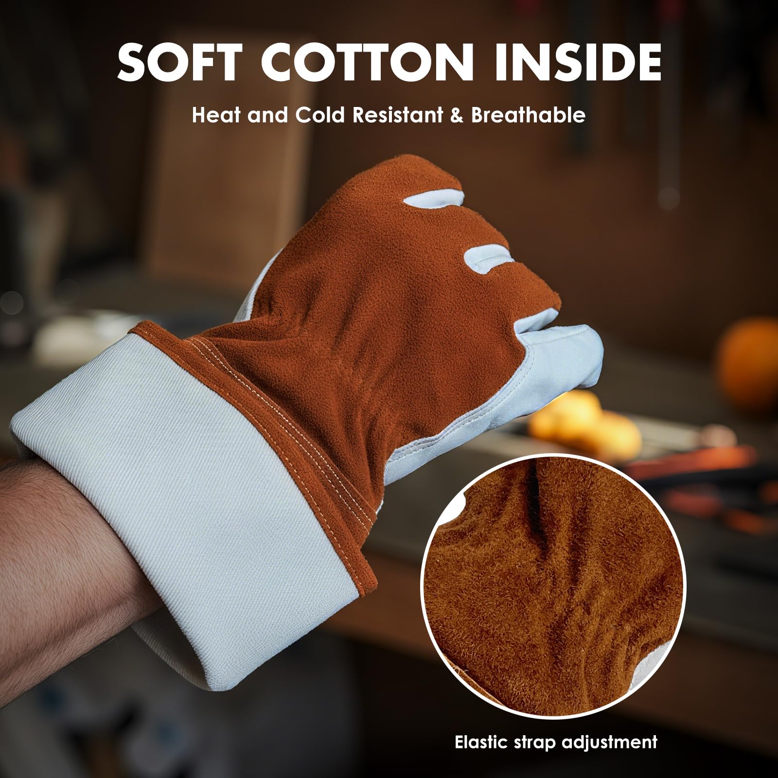 Guantes de soldadura de cuero vacuno – Guantes largos ignífugos para soldadura MIG/TIG, barbacoa, chimenea, horno y cocina – Resistentes al calor, unisex, talla M