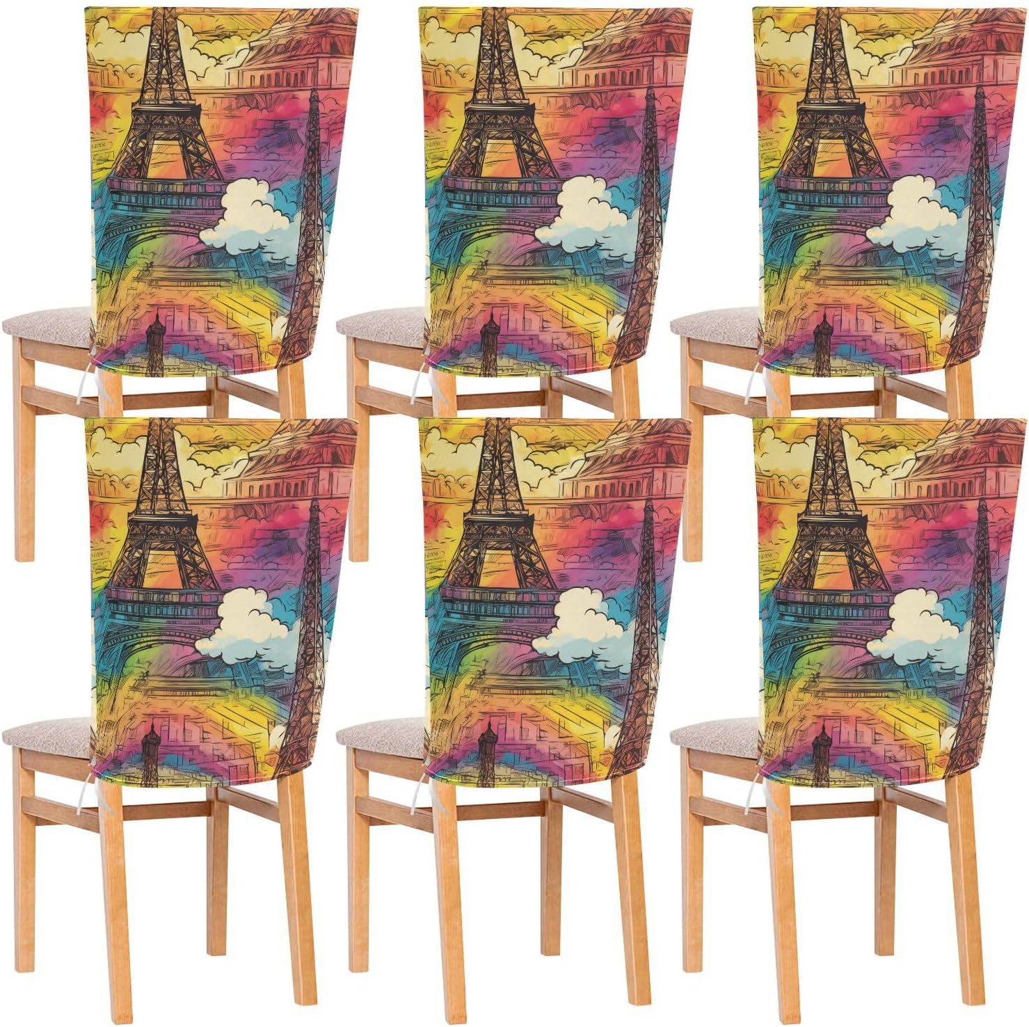 ALAZA Rainbow Color Eiffel Tower Chair Back Cover Set of 6, Washable Reusable Removable Chair Slipcovers Decorative Chair Cover for Home Kitchen Wedding Party