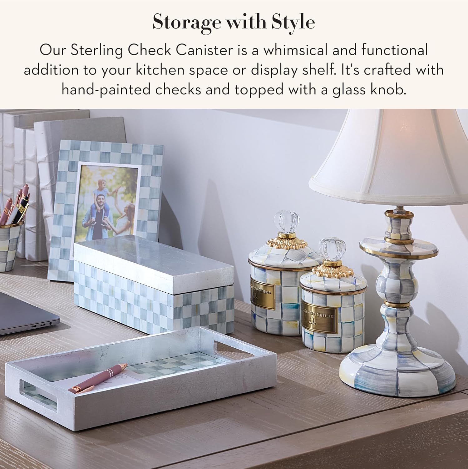 MACKENZIE-CHILDS Sterling Check Enamel Canister, Gray-and-White Kitchen Storage Container with Lid, Demi