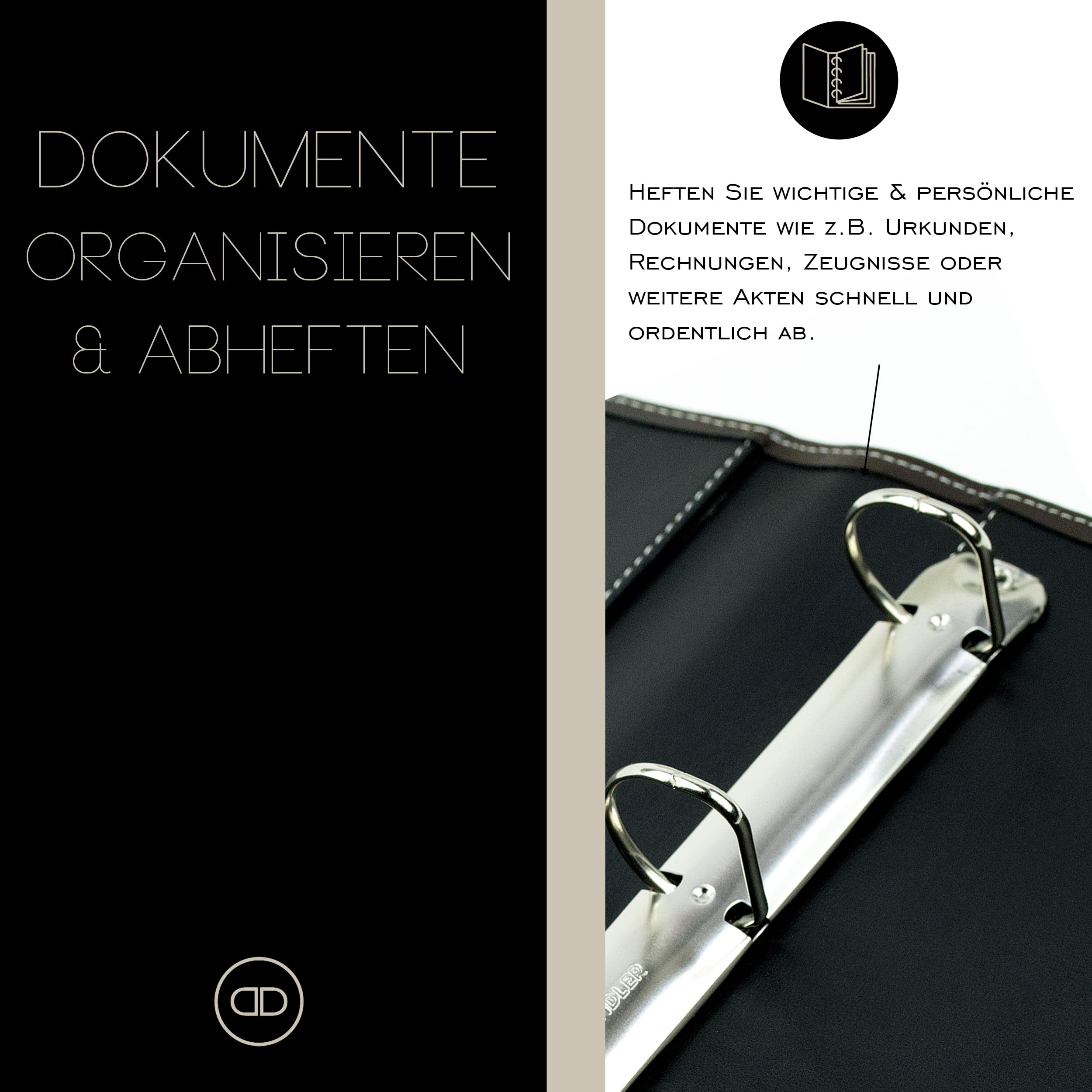 DELMON VARONE - Personalisierbare Dokumentenmappe DIN A4 Premium Cambridge Leder Braun - Ringbuch Ablagemappe zum Abheften von Dokumenten, Urkunden & Akten - Ordner mit 3 Einsteckfächern