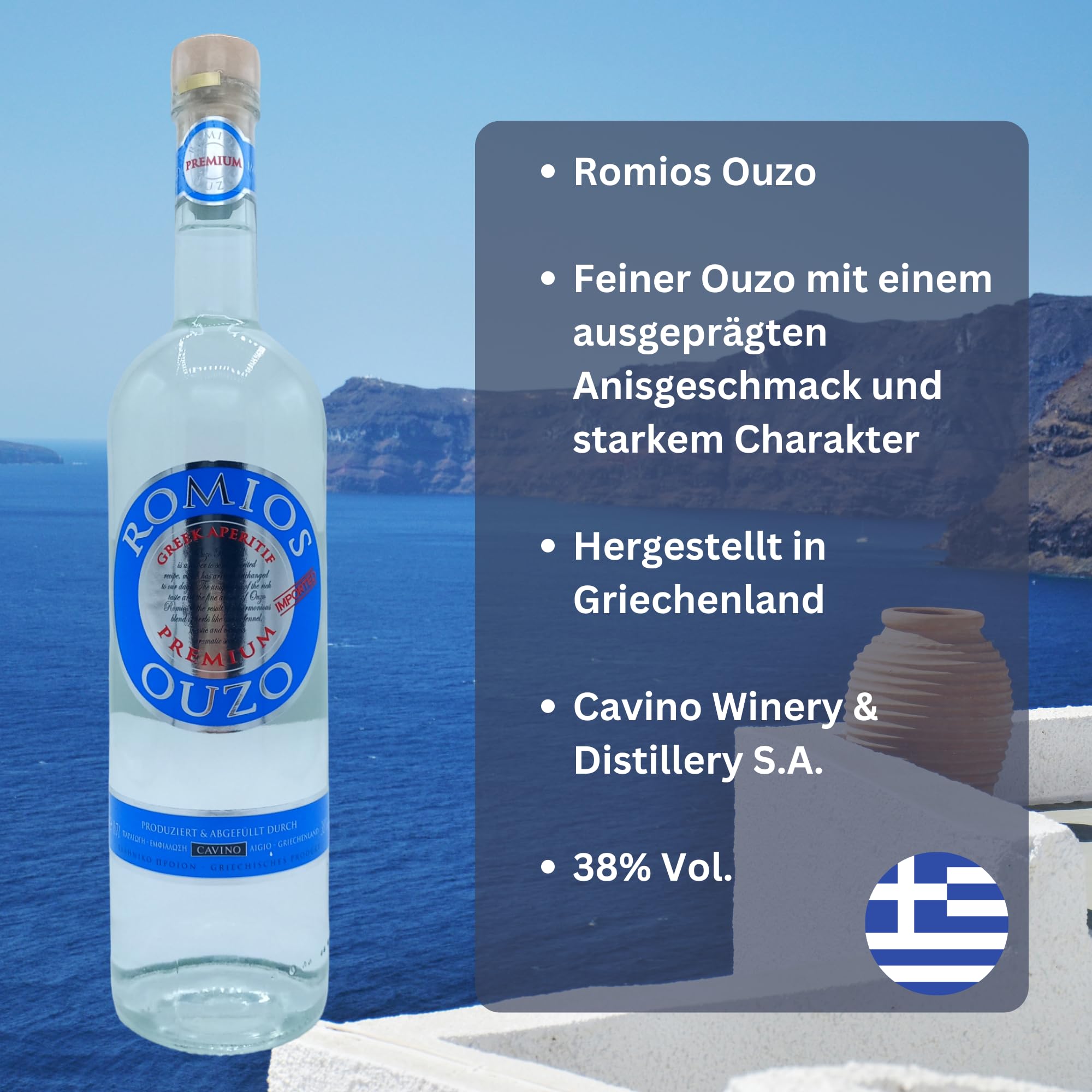 Ouzo Romios 3x 0,7l | Destillerie Cavino | 38% | Klassischer Ouzo aus Peloponnes | +20ml Jassas Olivenöl