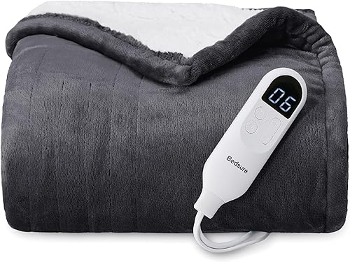 Bedsure Manta térmica eléctrica, manta eléctrica de forro polar suave, manta térmica con 4 ajustes de tiempo, 6 ajustes de calor y temporizador de 3