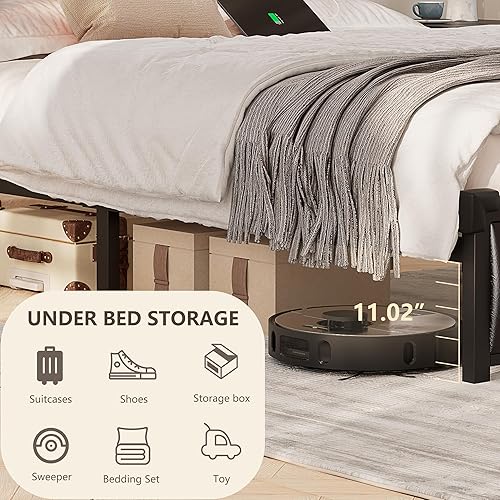 Miniatura 6 de Alohappy Base de cama Queen con cabecera de estantería y luz LED, marco de cama tapizado con estación de carga, puertos tipo C y USB, no necesita