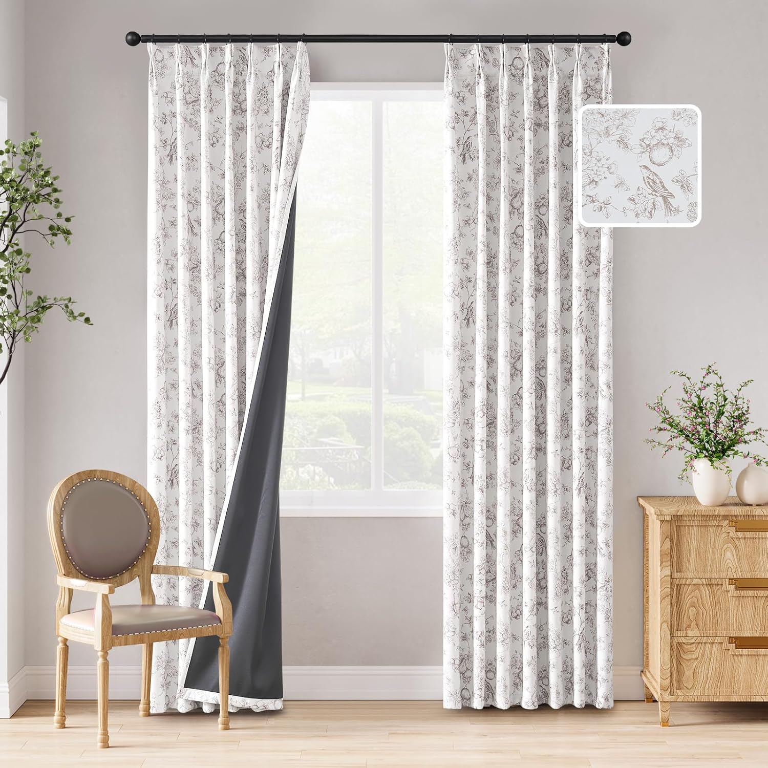 jinchan Pinch Pleated 95 percent Blackout Floral Curtains, Taupe 84 Inch, Room Darkening Drapes with Thermal Insulation, 2 Panels Curtains for Bedroom Living Room, Blackout Printed Flower Curtain 40"W x 84"L (Pack of 2) #Pinch Pleated Taupe